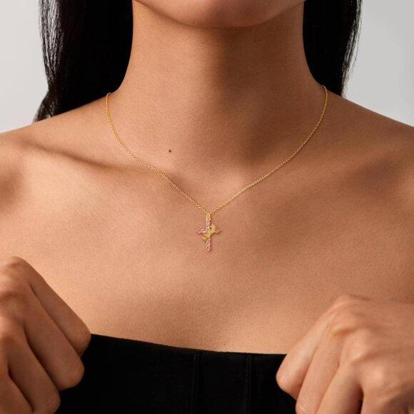 Perfect Gift Women Crown M10 Tourmaline Cross Necklace Gold Plated Faith Jewelry - Picture 4 of 8